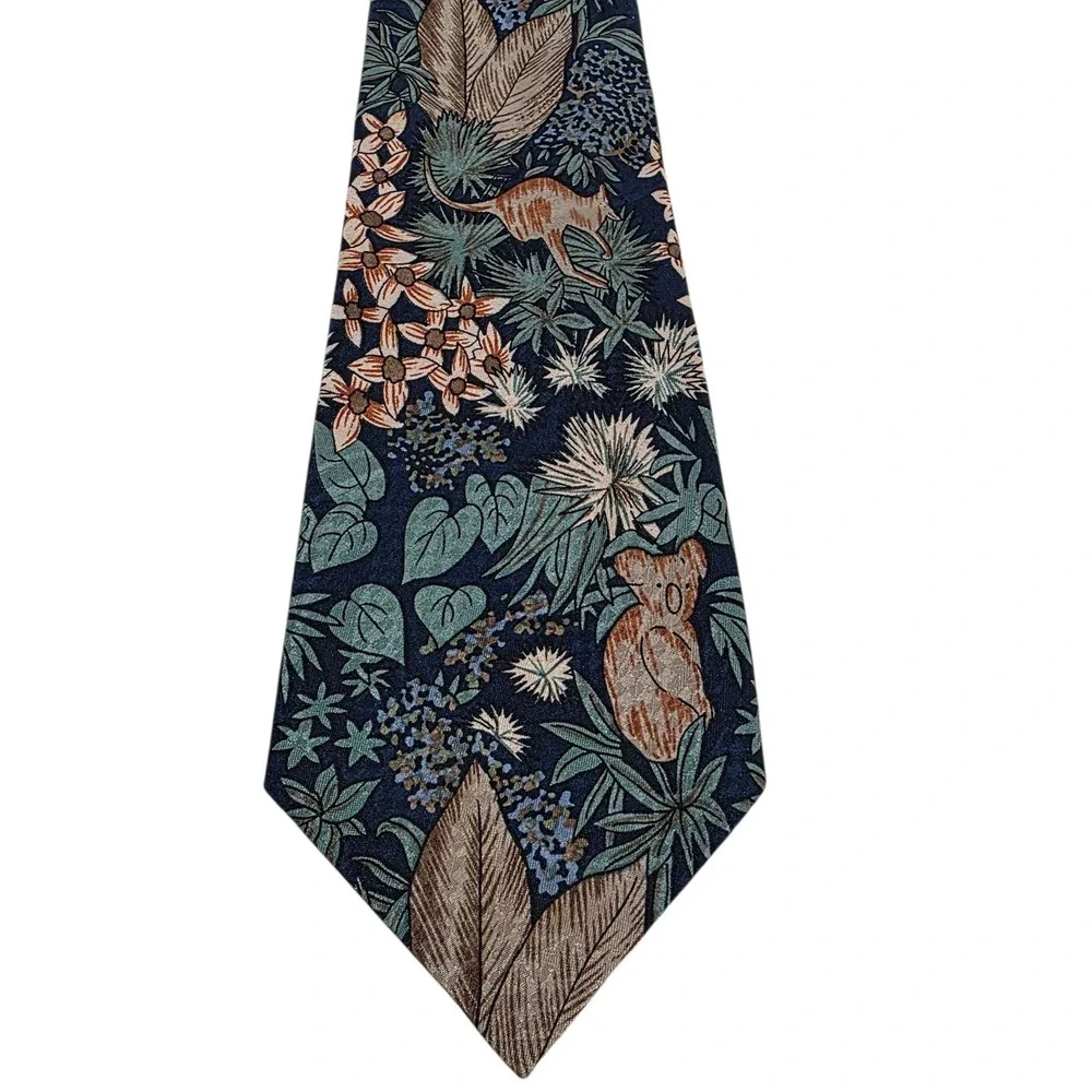 Australian Koala & Kangaroo Botanical Print Silk Necktie Blue‎ Green Handmade